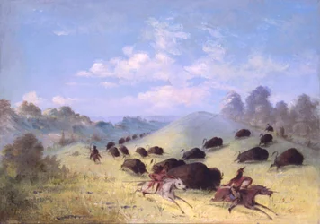 Comanche-Indianer jagen Büffel mit Lanzen und Bögen, 1846-1848