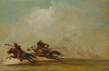 Comanche-Krieger, der einen Osage im vollen Galopp lanziert
