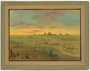 Lager der Pawnee-Indianer bei Sonnenuntergang