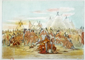 Assiniboin-Stamm, der den Pfeifentanz tanzt. Illustration von George Catlin