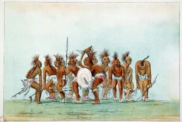 Indianer Amerikas: Black Hawk Stamm tanzt Bettlertanz für Touristen. Illustration von George Catlin
