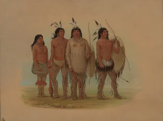 Kiowa-Häuptling, seine Frau und zwei Krieger, 1861-1869