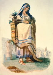 Sioux-Mutter mit Baby in einer Wiege