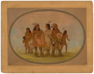 Zwei Sioux-Häuptlinge, ein Medizinmann und eine Frau mit Kind