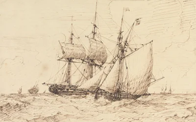 Ein Lugger signalisiert eine vorbeifahrende Fregatte