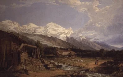 Alpenlandschaft mit Figuren an einem Gebirgsbach