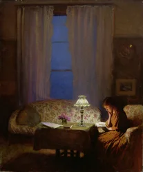 Lesen bei Lampenlicht (Dämmerung: Innenansicht)