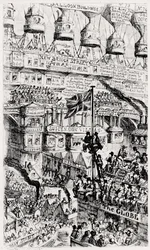 Eine malthusianische Ansicht eines überfüllten Londons, England, der Zukunft, nach den Schriften von Thomas Malthus