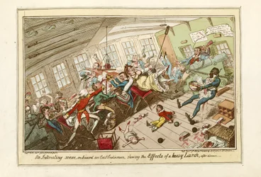 Eine interessante Szene an Bord eines Ostindienfahrers, die Auswirkungen eines schweren Schlags zeigend, veröffentlicht 1818