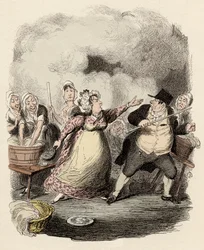 Im Hospiz wird Monsieur Bumble von seiner Frau, Madame Corney, schwer zurückgewiesen - Mr Bumble in den Augen der Armen erniedrigt - Illustration für „Oliver Twist“ (Die Abenteuer von Oliver Twist) von Charles Dickens (1812-1870), von George Cruikshank