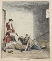 Jack Sheppard besucht seine Mutter in Bedlam, Illustration aus Jack Sheppard: Eine Romanze von William Harrison Ainsworth, veröffentlicht 1839 (handkolorierte Radierung)
