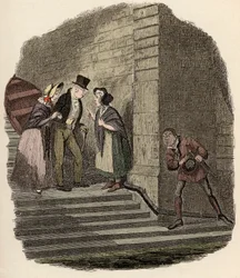Noe Claypole spioniert das geheime Treffen zwischen Mr. Brownlow, Rose Maylie und Nancy aus - Illustration für „Oliver Twist“ von Charles Dickens, von George Cruikshank