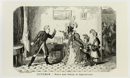 Oktober - Mars und Venus in Opposition aus George Cruikshanks Stahlradierungen für The Comic Almanacks: 1835-1853