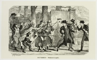 Oktober - Kündigung aus George Cruikshanks Stahlradierungen zu The Comic Almanacks: 1835-1853
