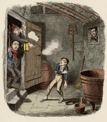 Oliver überrascht und verwundet beim Einbruchsversuch - Der Einbruch - Illustration für „Oliver Twist“ (Olivier) (Die Abenteuer von Oliver Twist) von Charles Dickens (1812-1870), von George Cruikshank (1792-1878)