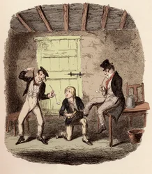 Oliver wachst die Schuhe des Fuchses, während Charley Bates die Gefahren des Hängens erklärt - Illustration für „Oliver Twist“ von Charles Dickens, von George Cruikshank