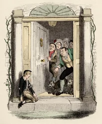 Oliver verwundet und erschöpft bittet um Hilfe - Illustration für „Oliver Twist“ von Charles Dickens (1812-1870)