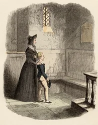Rose Maylie und Oliver vor der Gedenktafel von Agnes, ihrer Schwester und Mutter - Illustration für „Oliver Twist“ von Charles Dickens, von George Cruikshank
