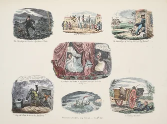 Serie von Illustrationen zu den Vorteilen und Nachteilen des Besitzes eines Holzbeins, veröffentlicht 1828