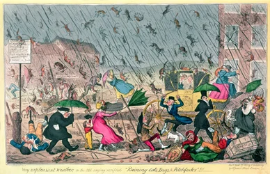 Sehr unangenehmes Wetter, oder das alte Sprichwort bewahrheitet sich: Es regnet Katzen, Hunde und Mistgabeln!, veröffentlicht von G. Humphrey, 1820