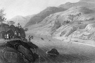 Überquerung des Flusses Tonse mit einem Jhoola, 1838