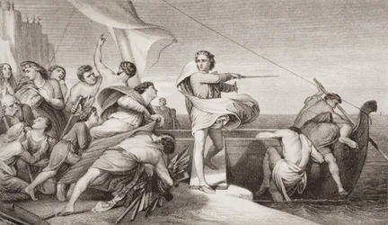 König Alfred ermutigt die Angelsachsen, die Invasion der Dänen im Jahr 876 abzuwehren, aus 