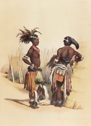 Zwei junge Zulu-Männer in lebhafter traditioneller Kleidung