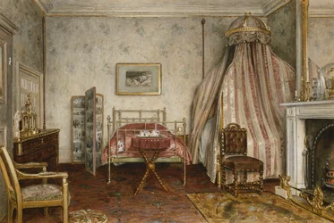 Ansicht des Schlafzimmers, in dem Napoleon III. starb, Camden Place, Chislehurst, Kent, 1873