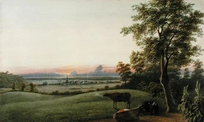 Sonnenaufgang - Flatbush und der Ozean vom Greenwood Cemetery, Long Island, New York, ca. 1830-40