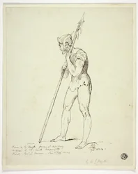 Stehender Mann in Rüstung mit Lanze