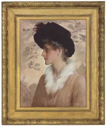 Porträt einer Dame, Halbfigur, mit schwarzem Hut und Pelzstola, 1888