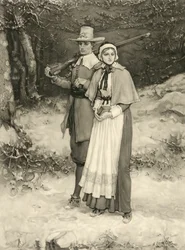 Puritanerpaar auf dem Weg zum Sonntagsgottesdienst (gestochen von Thomas Gold Appleton, 1885)