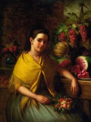 Mädchen mit Stillleben aus Wassermelone und Trauben