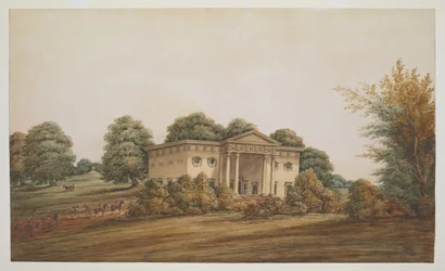 Ein palladianisches Gartenhaus in einer parkähnlichen Landschaft, Delhi, mit einer Kutsche und Begleitern