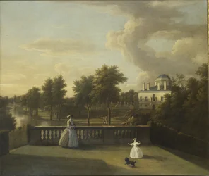 Ansicht der Chiswick Villa von einem Balkon über dem Wasserfall mit dem See
