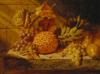 Schwarze und weiße Trauben, Birnen, Johannisbeeren und eine Ananas auf einem Sims, 1845
