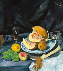 Stillleben mit geschnittener Melone, Glas und Fächer, ca. 1920