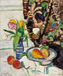 Stillleben mit Tulpen und Früchten