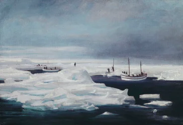 Die James Caird, Dudley Docker und Stancomb Wills, an einer Eisscholle im Weddellmeer vertäut, April 1916
