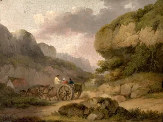 Landschaft mit Pferden, Wagen und Figuren