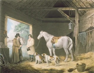 Bezahlung des Stallmeisters, graviert von Samuel William Reynolds, veröffentlicht von H. Macklin, 1805 (Mezzotinto-Gravur)
