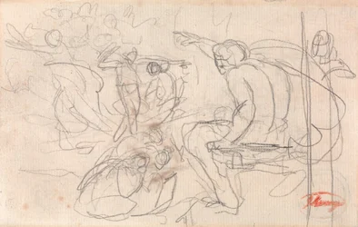 Möglicherweise sitzende Figur, die ein Urteil über eine kniende Figur spricht