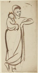Stehende weibliche Figur, die ein Kind hält