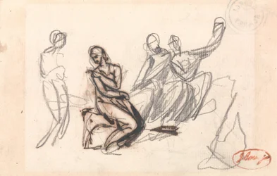 Drei sitzende Figuren und eine stehende Figur