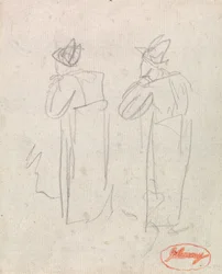 Zwei stehende Figuren mit hohen Hüten