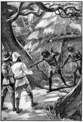 Illustration von George Roux für das Buch von Jules Verne Das Luftdorf (1901), Hetzel-Ausgabe/Extraordinäre Reisen, Bekannte und Unbekannte Welten. Zwei Wagdiss-Wächter bedrohen Entdecker mit ihren verzweigten Waffen