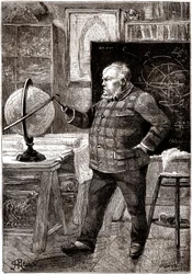 J. T. Maston, Mathematiker und Abenteurer, Sekretär des Gun-Clubs, Hauptfigur in Jules Vernes Roman "Sans dessus dessous", Sammlung Hetzel / voyages extraordinaires 1889. Zeichnung von George Roux.
