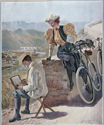 Aquarell und Radfahren - Lithografie von Georges Roux, um 1900