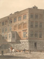 York House, die Ecke der Villiers Street und des Strands, mit Richardsons Ancient and Modern Print Warehouse im Vordergrund
