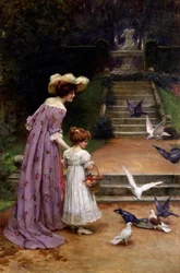 Die Tauben füttern: Eine Mutter und ihre Tochter füttern die Vögel in einem Park
